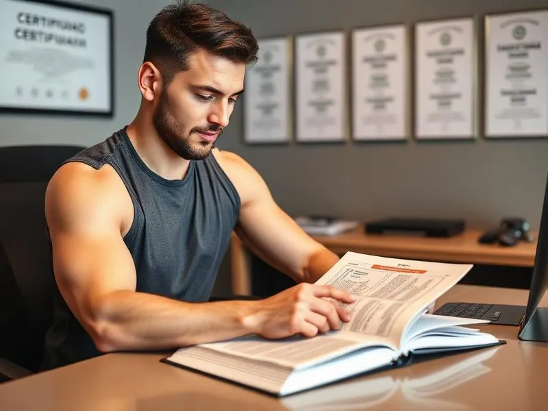 Personal trainer studying a fitness textbook at a desk with certifications on the wall