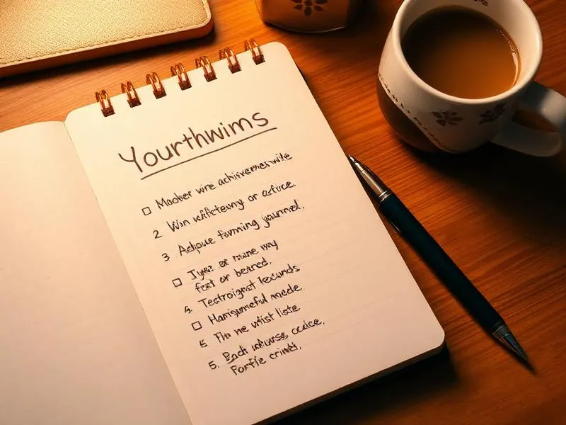 Notebook with handwritten wins and achievements list on a warm desk setting