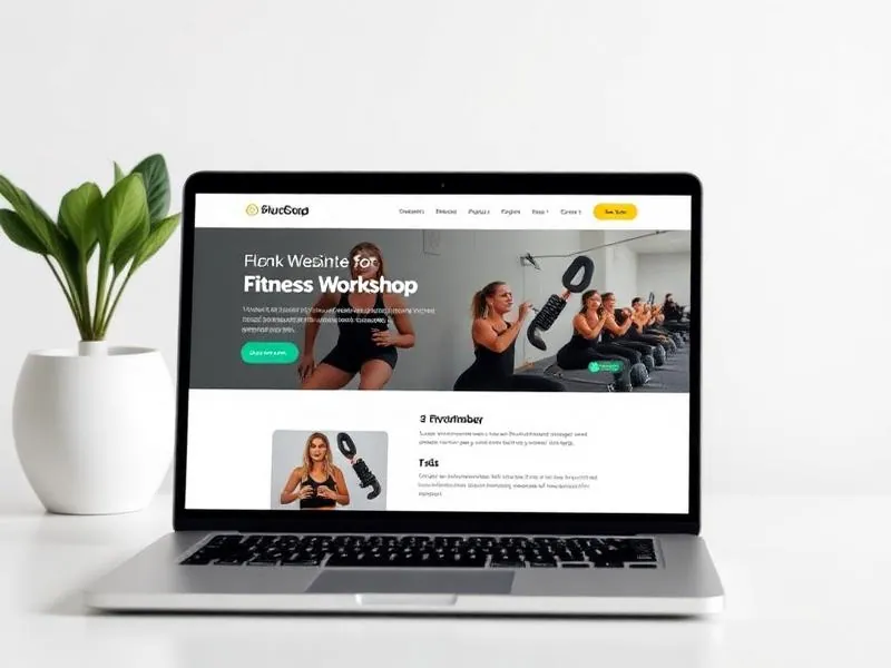 Professional fitness workshop landing page displayed on a laptop screen