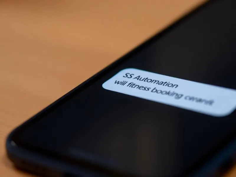 Smartphone showing SMS automation text message with fitness booking link