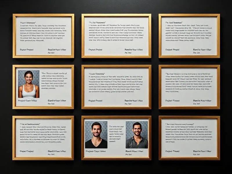 Wall of client testimonial cards and before-after transformation photos displayed in gold frames on dark background