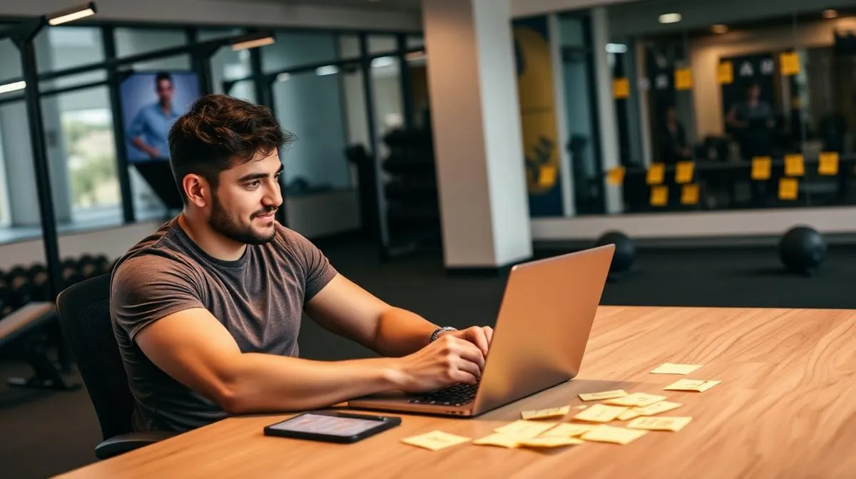 Personal trainer mapping out ideal client avatars and target personas on sticky notes at a desk in a modern gym office