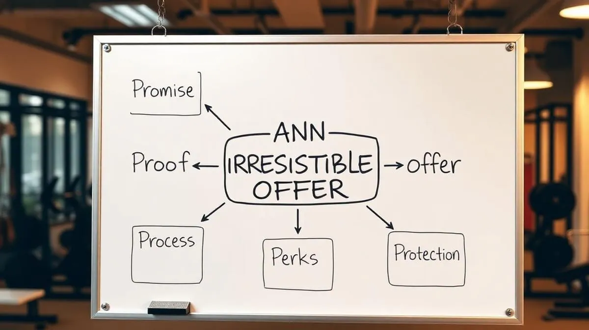 Whiteboard diagram showing the 5 elements of an irresistible Godfather Offer for personal trainers: Promise, Proof, Process, Perks, and Protection